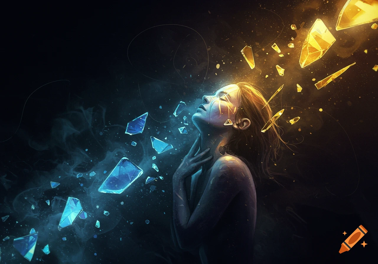 A woman with golden hair looks up, surrounded by glowing blue and gold broken glass shards and smoke in a dark, abstract setting.
