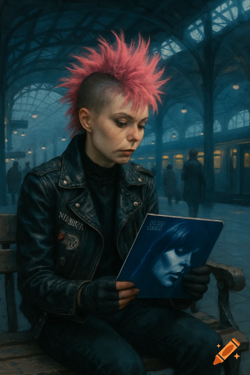 A punk rock girl with a bright pink mohawk sits on a bench in a train station, looking down at a blue album cover.