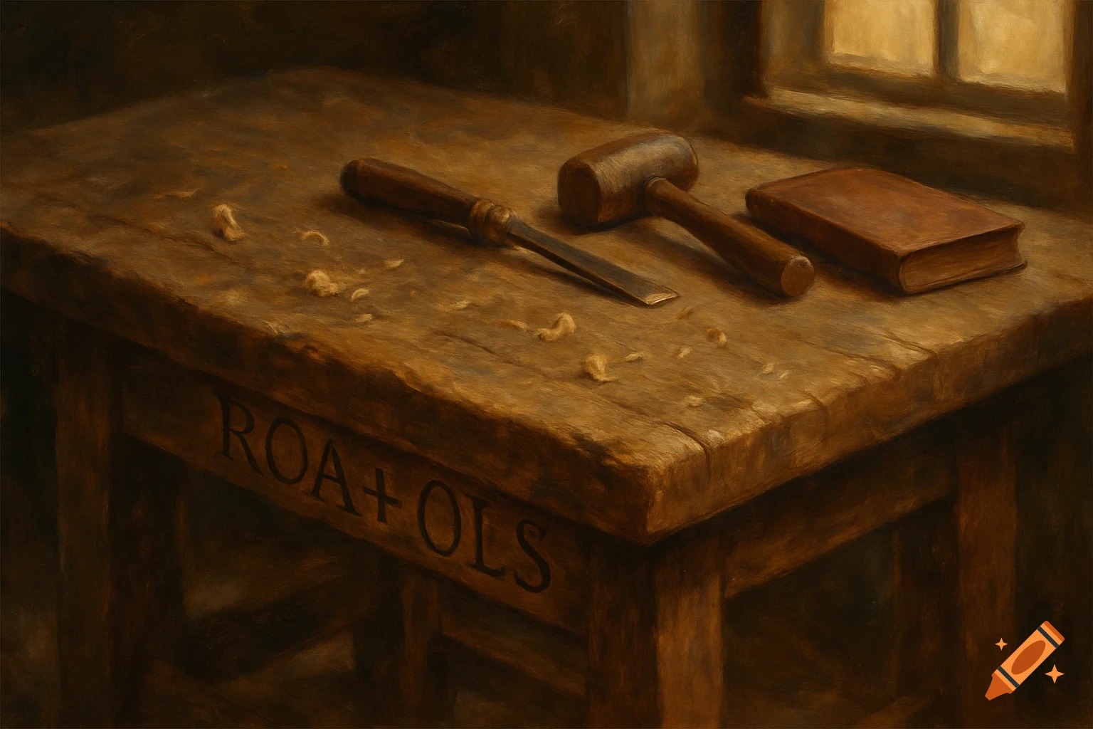 A detailed oil painting of a wooden workbench with a chisel, mallet, book, and wood shavings, featuring a carved inscription.