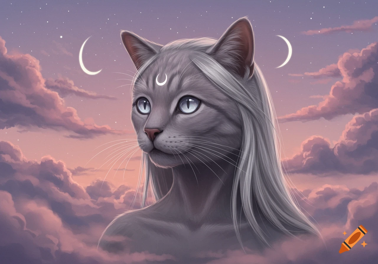 Digital art of a majestic grey cat with long white hair, light blue eyes, and crescent moons against a dreamy pink and purple cloudy sky.