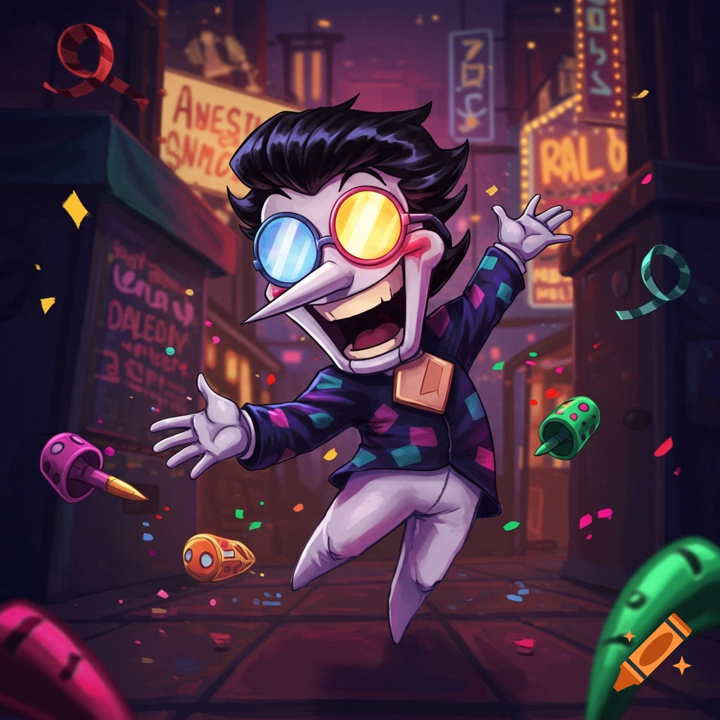 A cartoon character with a long nose and multi-colored glasses, wearing a patterned jacket, jumps happily in a neon-lit city street with confetti.