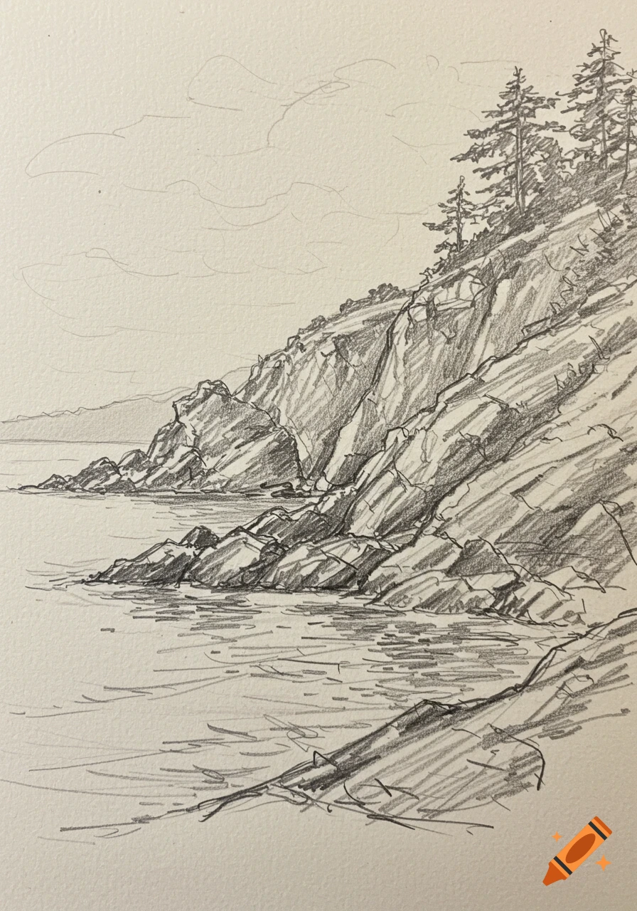 Pencil sketch of a rocky coastline with trees on a steep cliffside and calm water.
