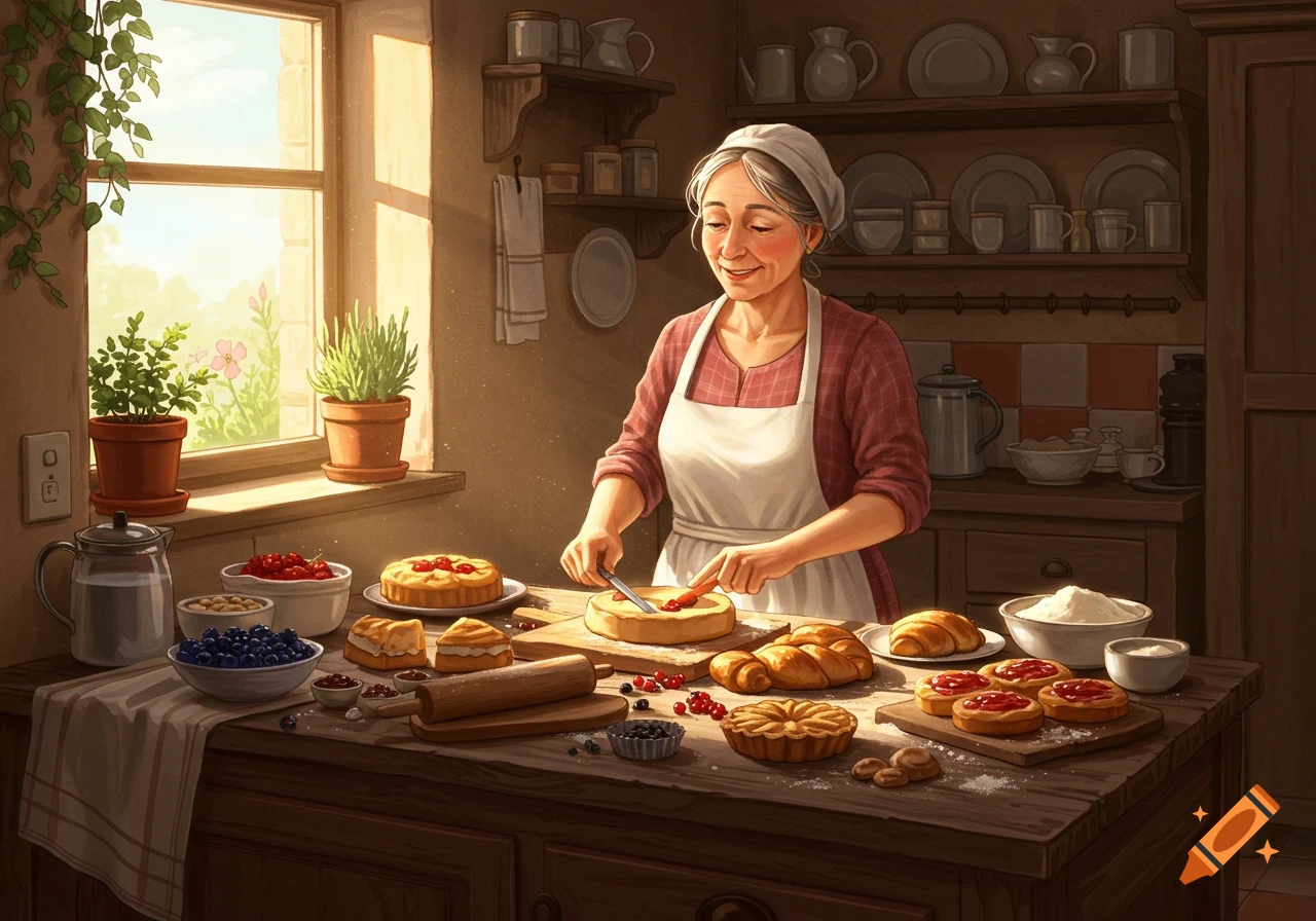 A smiling elderly woman bakes pies and pastries in a sunlit rustic kitchen, surrounded by ingredients.