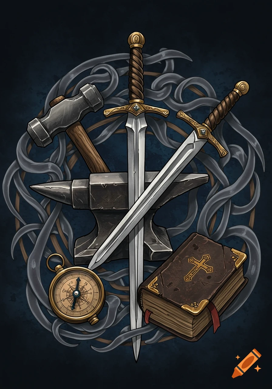 A stylized arrangement of a hammer, anvil, two swords, a compass, and a bible on a dark background.