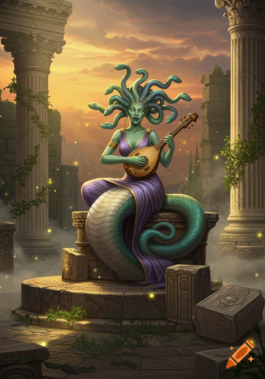 A green-skinned gorgon with snakes for hair sits in ancient ruins at sunset, playing a lute.