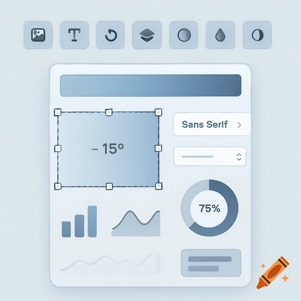 A clean, modern user interface design showing a selection box with a rotation indicator, a font dropdown, graphs, and tool icons.