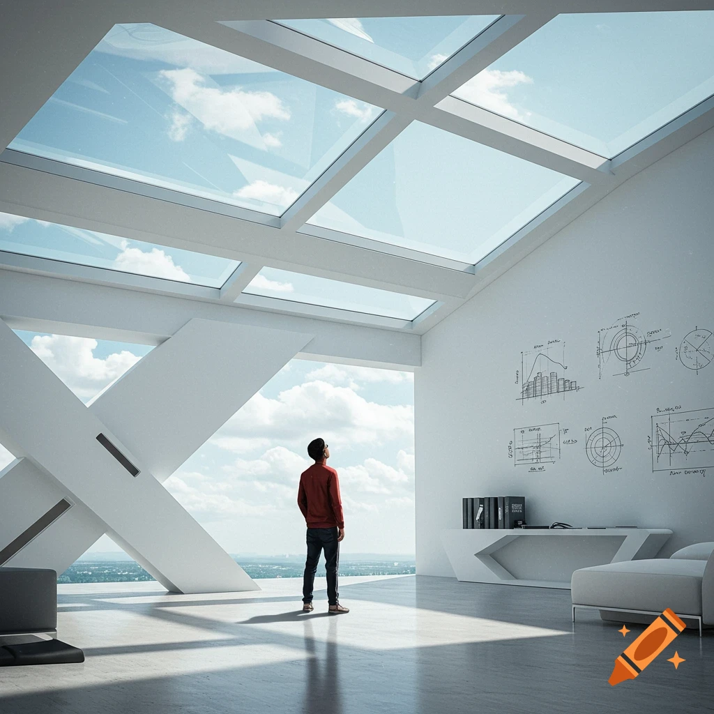A man in a red shirt stands in a spacious, modern room with large windows, looking out at a city skyline. The room features a sloped skylight ceiling, abstract white architectural elements, and diagrams drawn on a white wall.