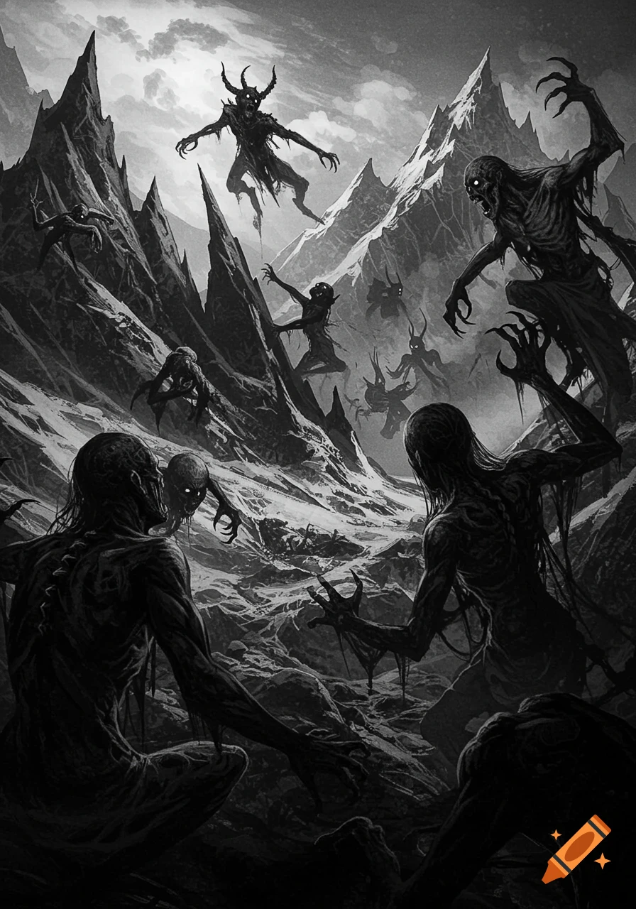 A dark, monochrome illustration of multiple grotesque, skeletal demons and ghouls with sharp claws in a jagged, desolate mountain landscape.