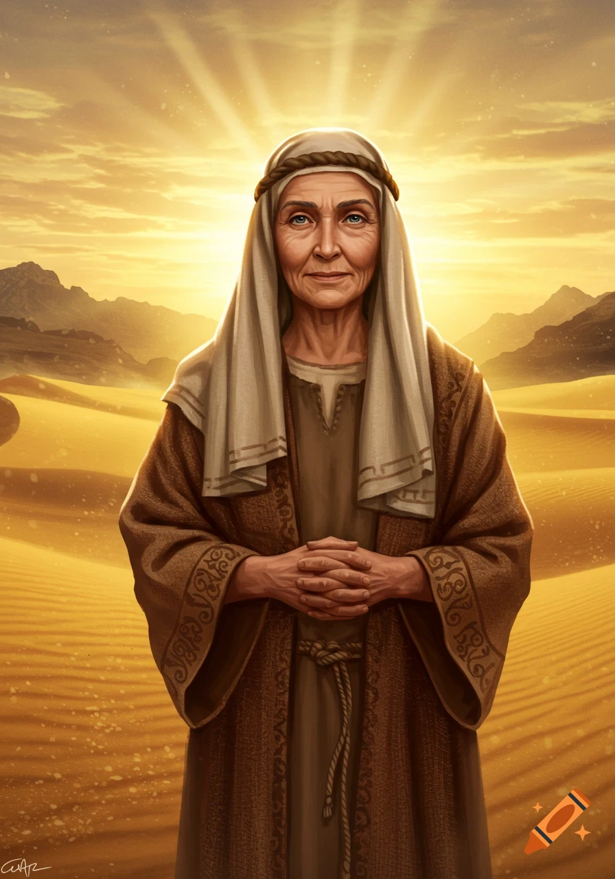 A portrait of an elderly woman in ancient robes and a head covering, standing in a desert landscape with golden sunlight beaming from above.