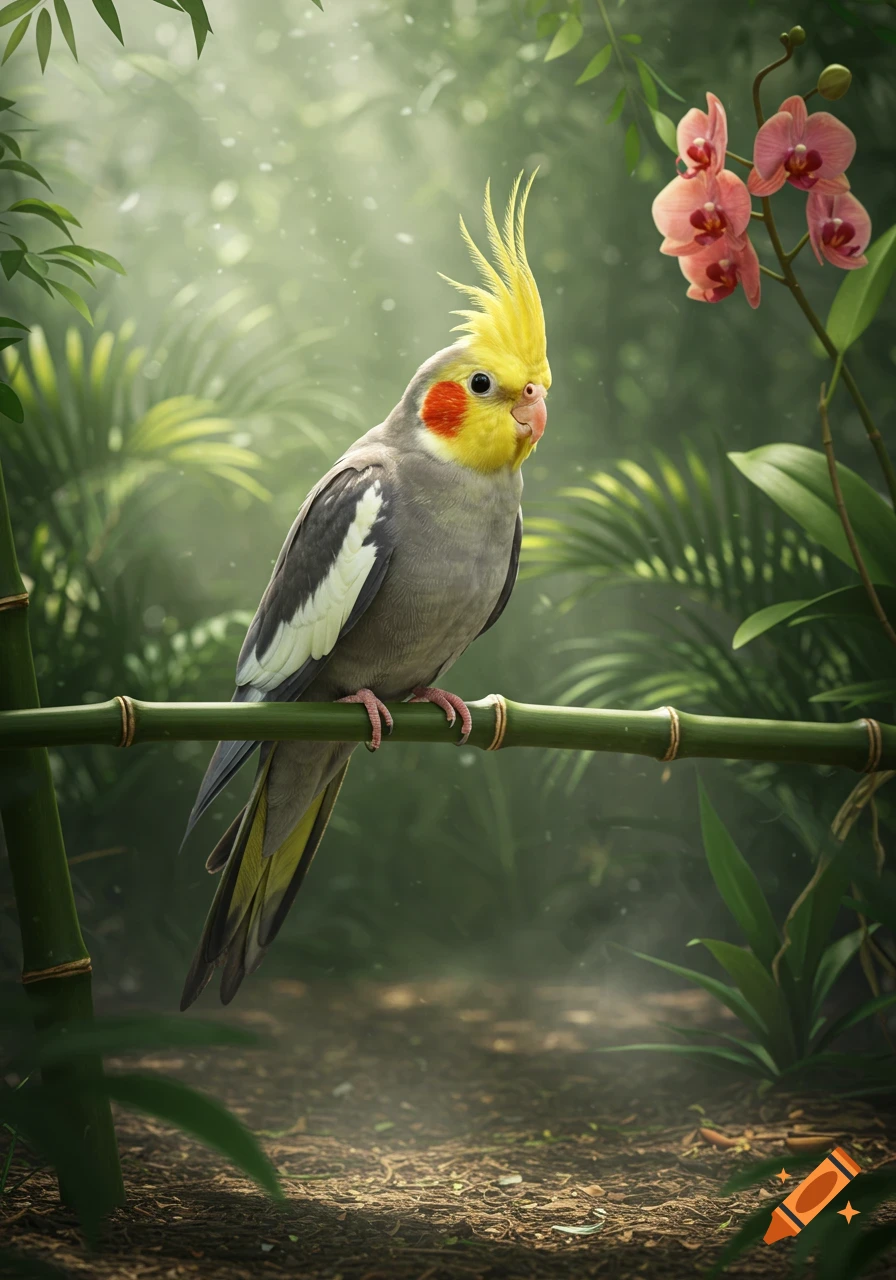A photorealistic cockatiel perched on a bamboo branch in a lush jungle with pink orchids.