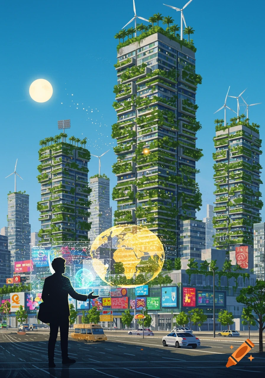 A silhouetted person stands on a city street, interacting with a glowing holographic globe, surrounded by tall, modern green buildings with wind turbines and solar panels under a bright sky.