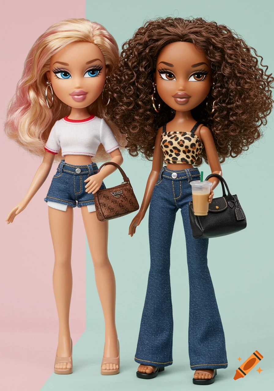 Two fashionable Bratz-style dolls standing side by side. One blonde doll in a white crop top and denim shorts, holding a Guess handbag. The other doll with curly brown hair in a leopard print top and flared jeans, holding a Longchamp bag and iced latte.