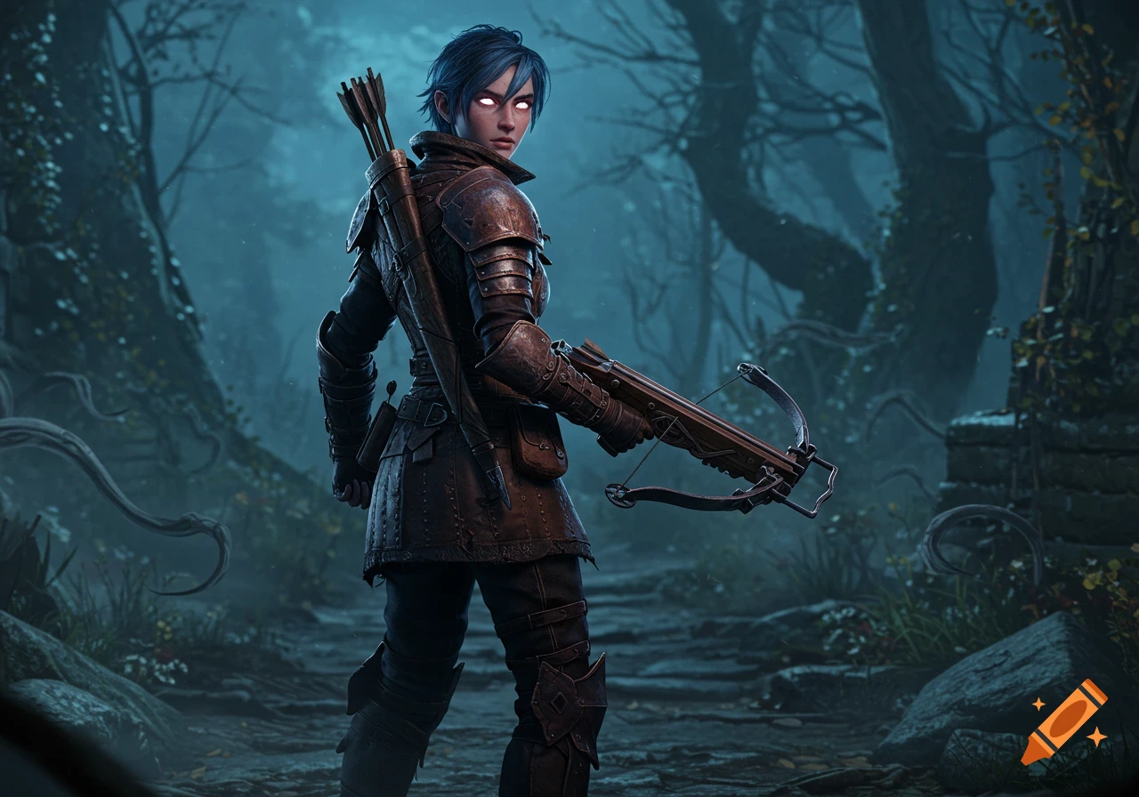 A female demon hunter with glowing eyes looks back over her shoulder, holding a crossbow in a dark, misty forest.