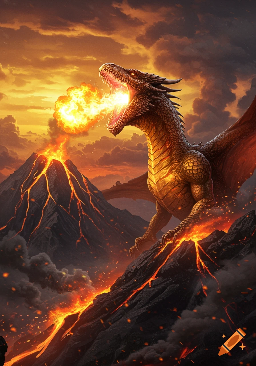 A majestic dragon breathes fire, standing on a volcanic mountain with lava flowing under a dramatic, fiery sky.