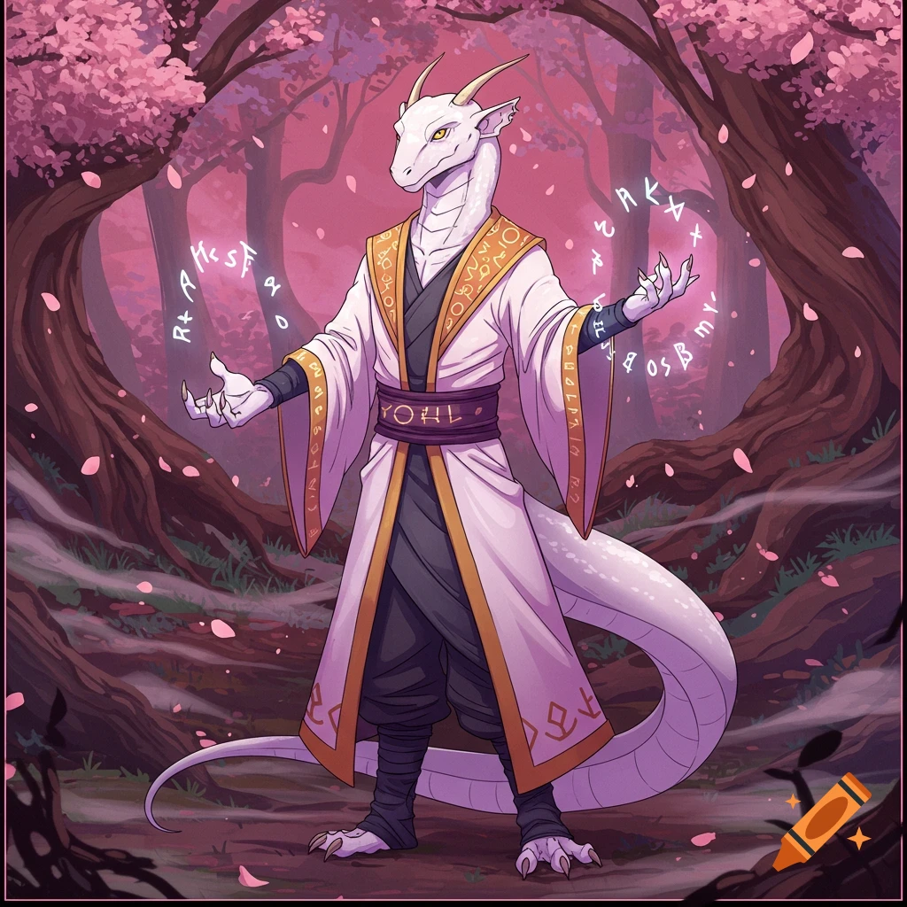 A white anthropomorphic dragon in a white and gold robe casts a spell with glowing runes in a pink cherry blossom forest, anime style.