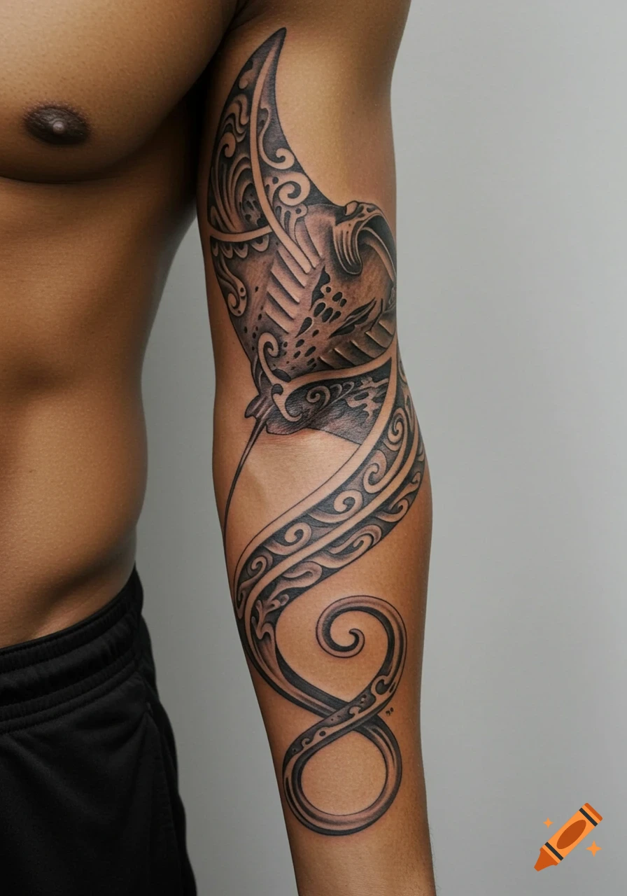 Close-up of a detailed black and grey manta ray tattoo with Polynesian patterns on a man's forearm.