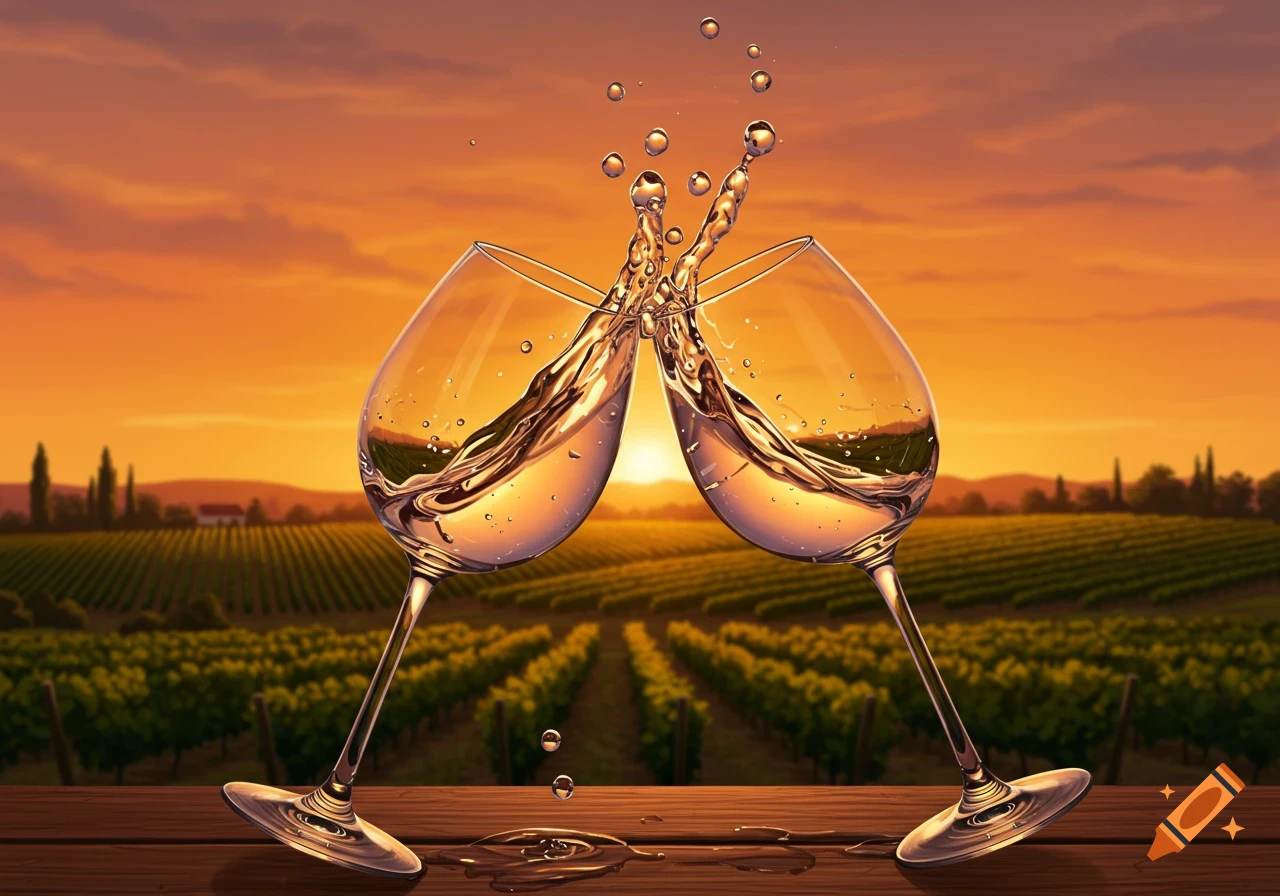 Two white wine glasses clinking, splashing liquid, set against a sunset over a vineyard.