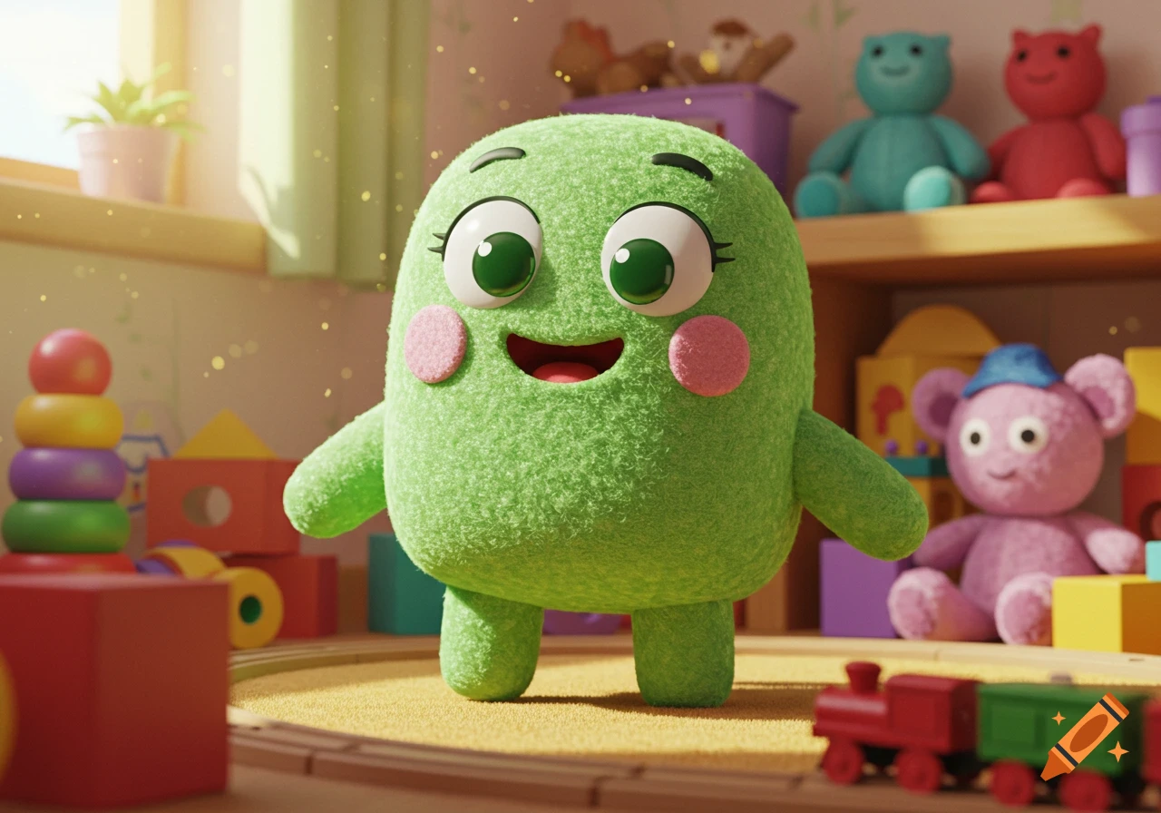 A fluffy green cartoon character with big eyes and rosy cheeks stands in a colorful child's playroom surrounded by toys. 3D render.