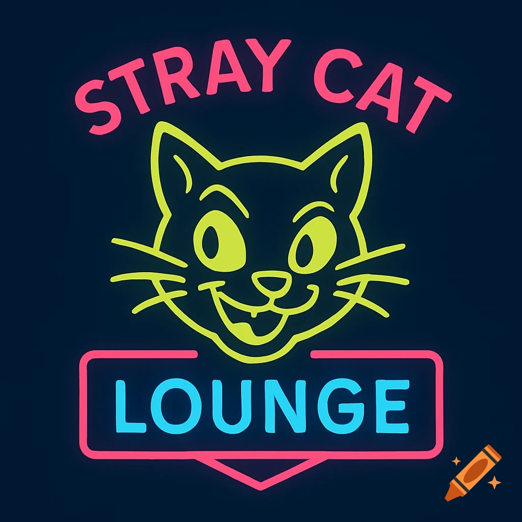 A vibrant neon sign featuring a happy, cartoonish yellow and black cat face above the words "STRAY CAT" in pink and "LOUNGE" in blue, all on a dark background.