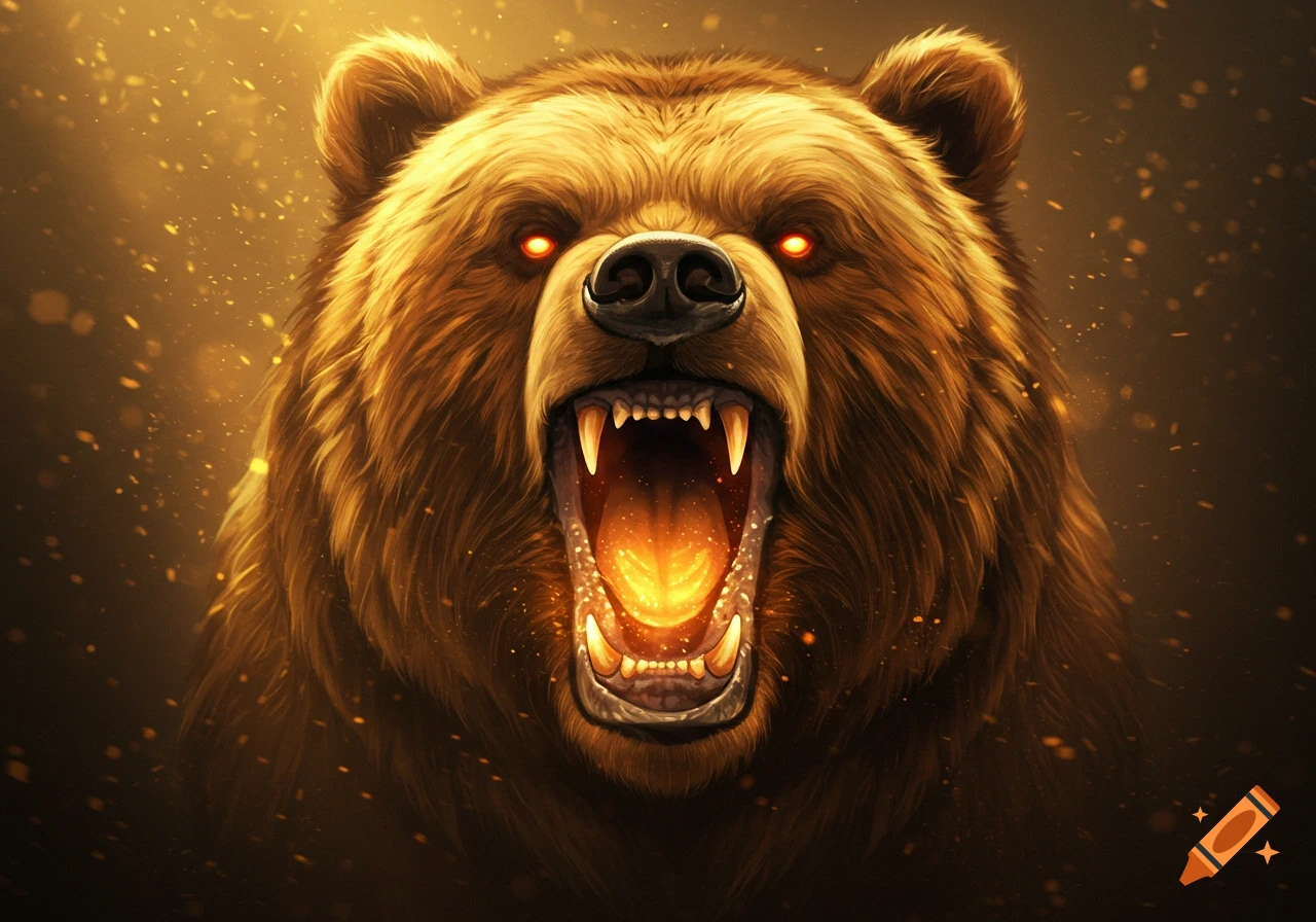 A close-up of a fierce brown bear roaring, with glowing orange eyes and mouth, surrounded by golden light particles.