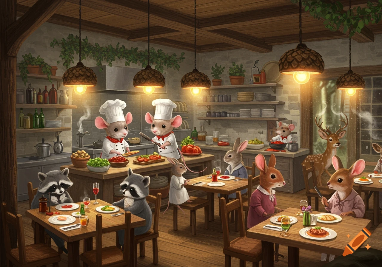 Illustrative scene of anthropomorphic mice chefs cooking and woodland creatures dining in a cozy, rustic restaurant.