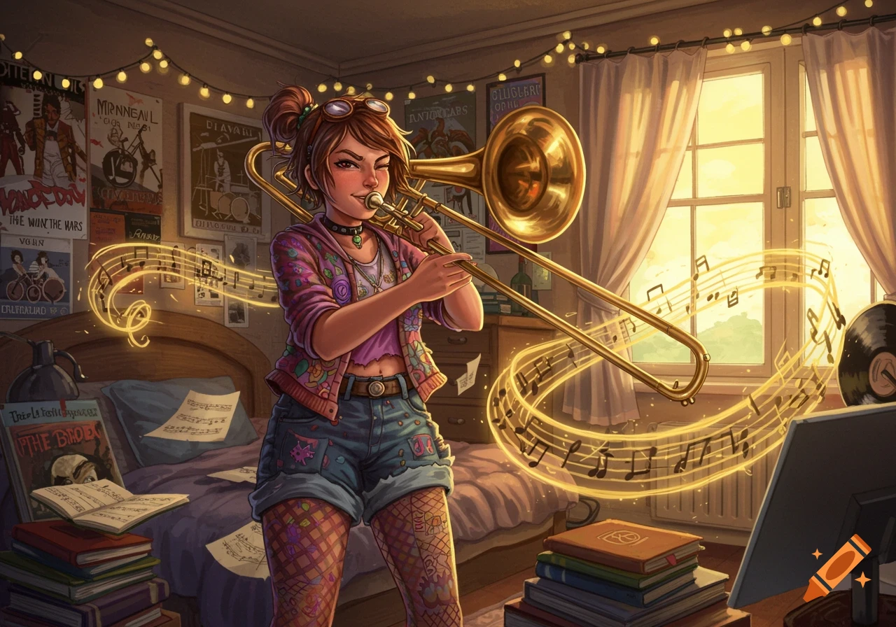 A smiling, quirky girl in colorful clothes plays a trombone in her sunny bedroom, surrounded by sheet music and posters, in an illustrative style.