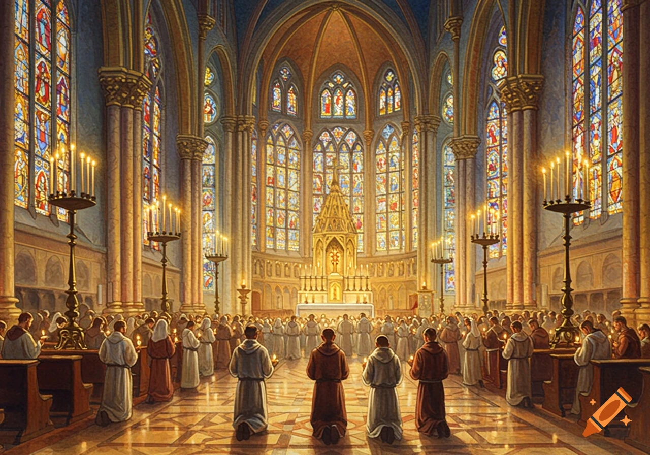 A large group of people in robes attending a religious ceremony inside a grand, ornate church with many stained glass windows and lit candles.