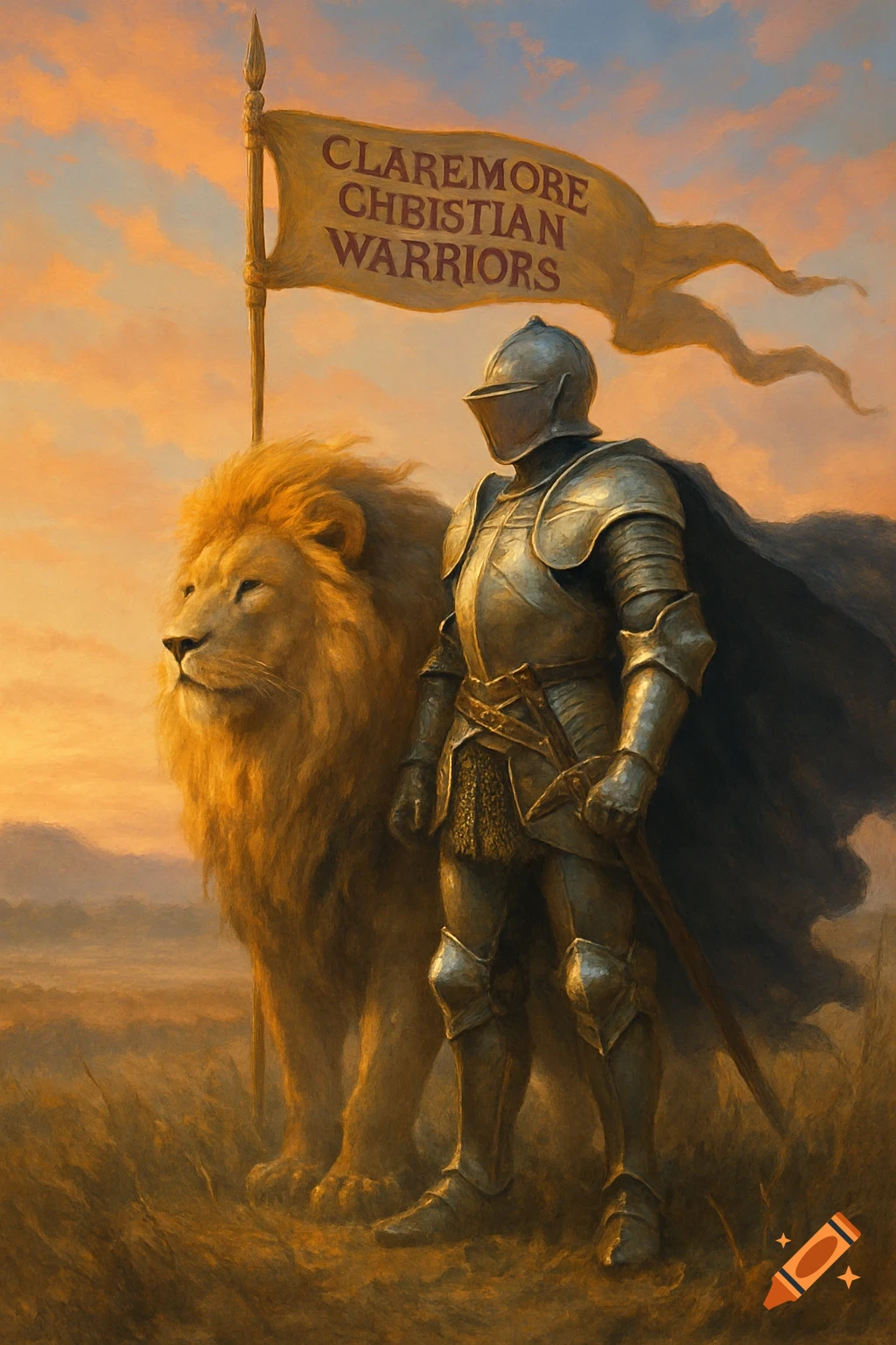A knight in shining armor stands beside a majestic lion, holding a banner with "CLAREMORE CHRISTIAN WARRIORS" at sunset in a field.