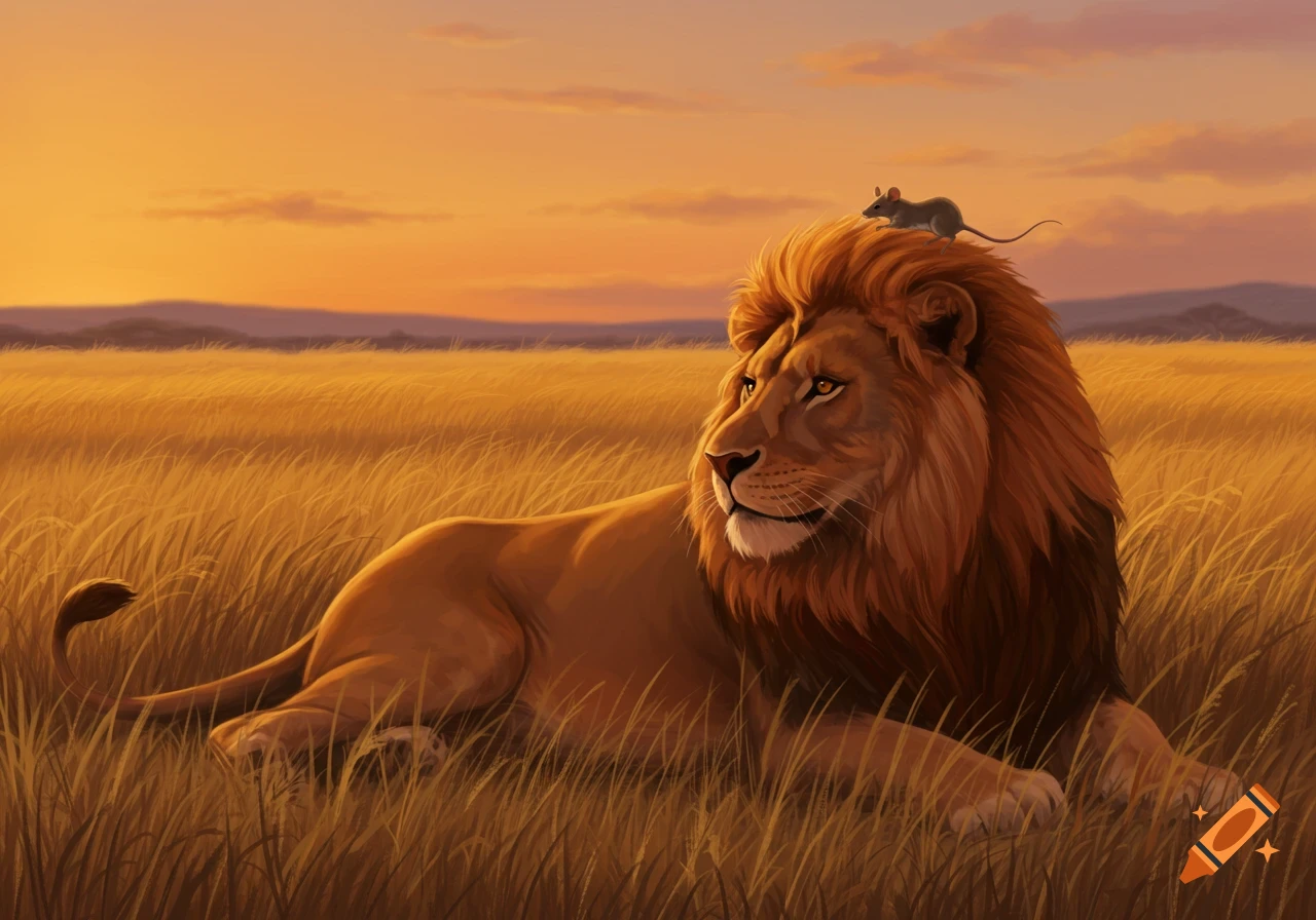 An illustration of a large lion lying in tall grass at sunset, with a small mouse perched on its head.