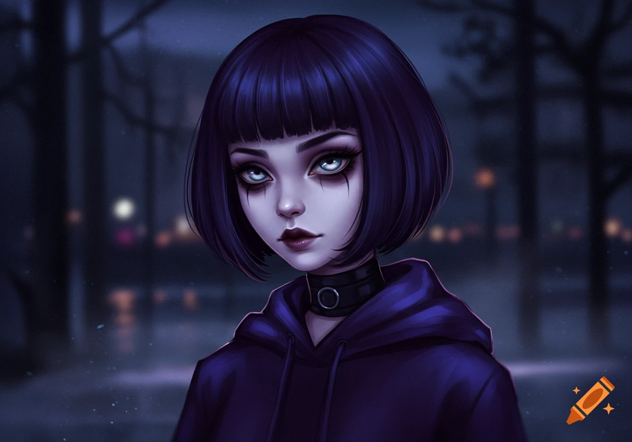 Goth girl with dark purple bob hair, pale skin, smudged eyeliner, and a deep purple hoodie in a dark setting.