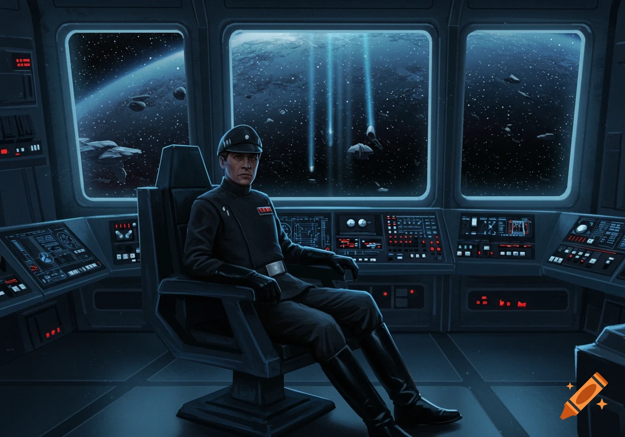 A man in a dark Imperial officer uniform sits in a spaceship cockpit, looking out at a starry space scene.