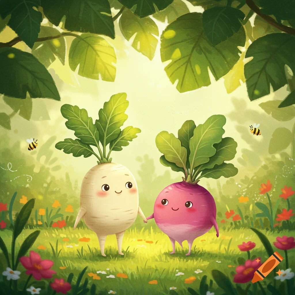 A whimsical illustration of a white parsnip and a pink turnip with smiling faces and small legs, holding hands in a bright, lush green forest with leaves overhead and small colorful flowers and bees in the foreground.