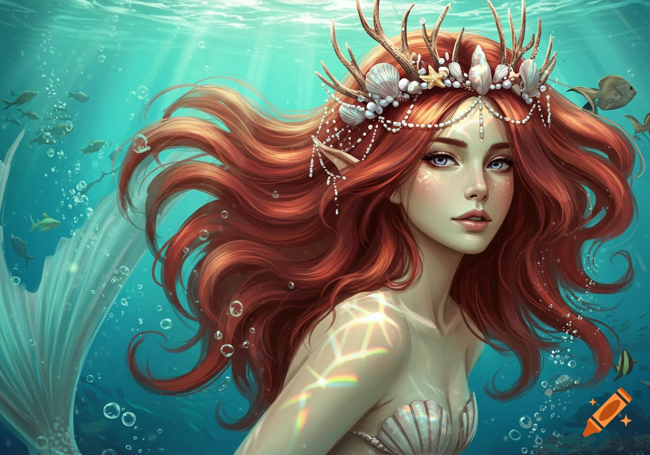 Digital painting of a mermaid with long reddish-brown hair, an antler and seashell crown, and a seashell bra, swimming underwater among fish and bubbles.