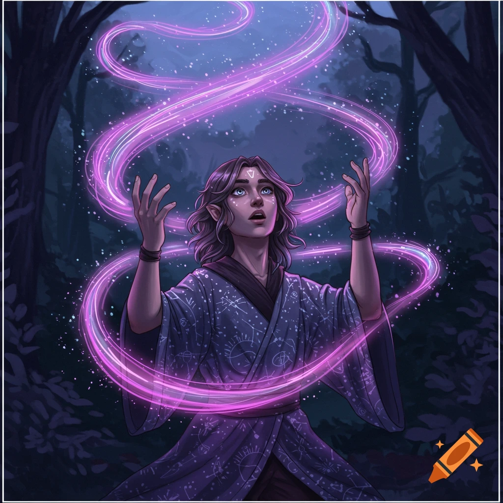 Illustrated fantasy art of a surprised person with pointed ears casting glowing pink magic in a dark forest.