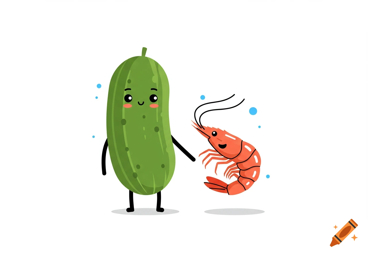 Cartoon pickle holding hands with a smiling prawn on a white background, with blue bubbles.