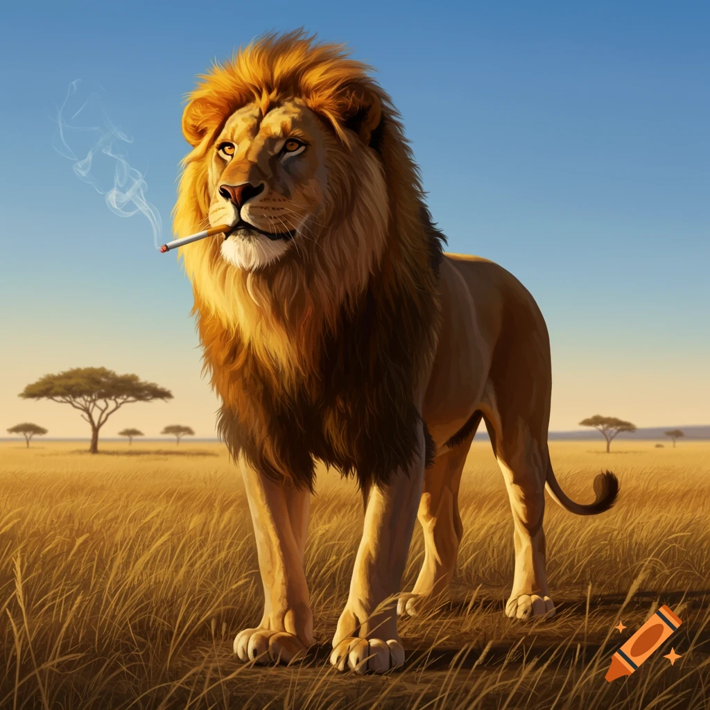 A photorealistic image of a majestic lion standing in a golden savanna, holding a lit cigarette in its mouth with smoke rising.