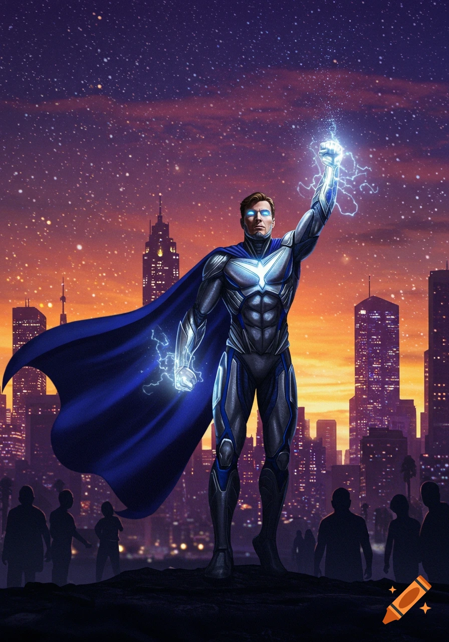 A superhero with glowing eyes and lightning-infused hands raises a fist over a city skyline at sunset.
