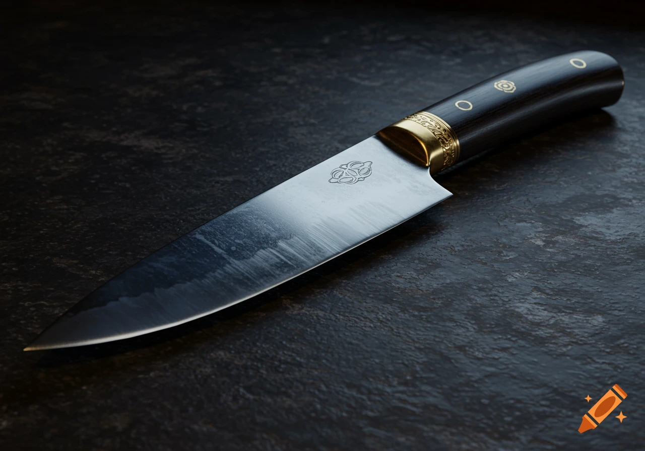 Photorealistic close-up of a chef's knife with a dark wooden handle, gold patterned bolster, and polished metal blade.