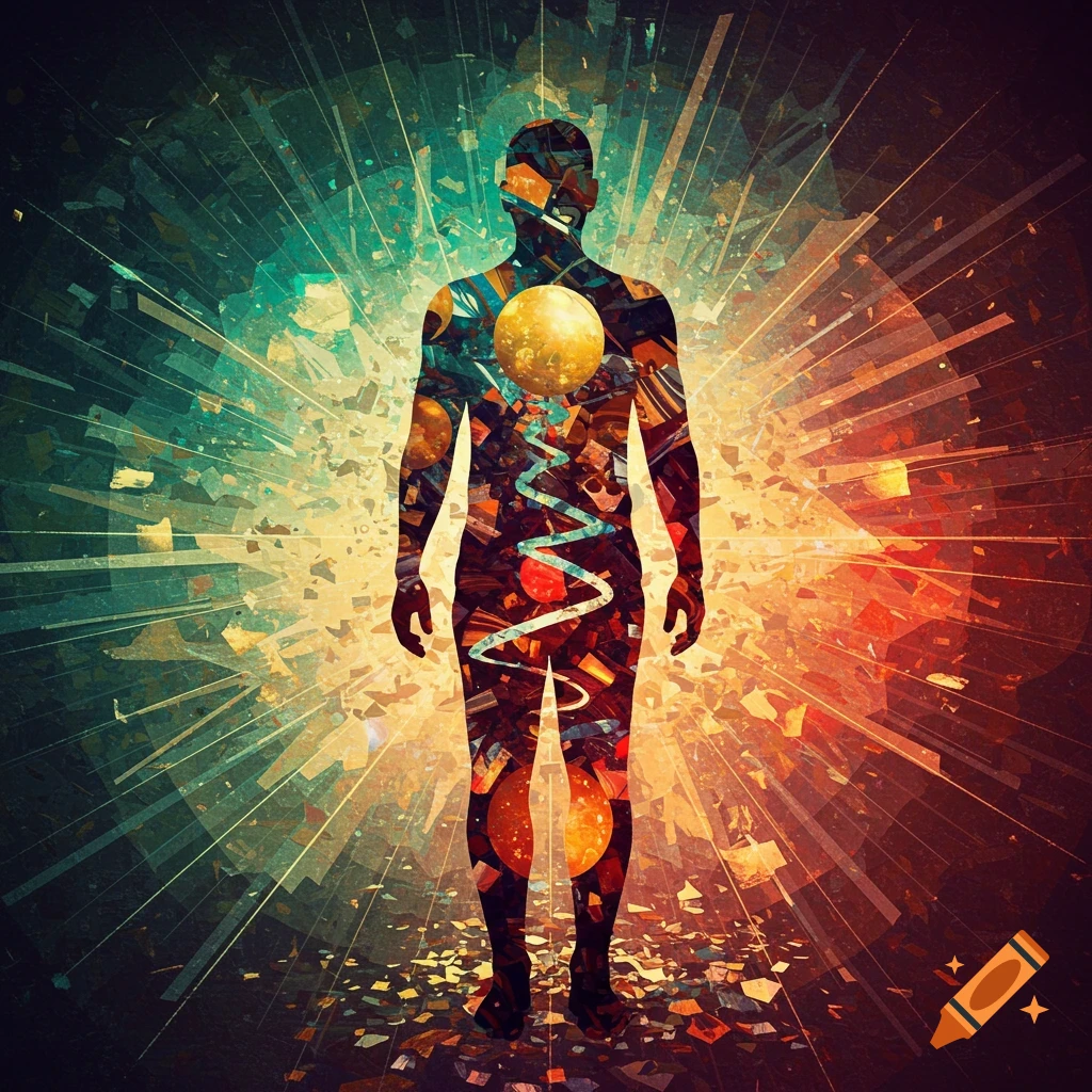 A colorful abstract silhouette of a human figure with a glowing golden sphere in its chest, surrounded by radiating energy patterns.