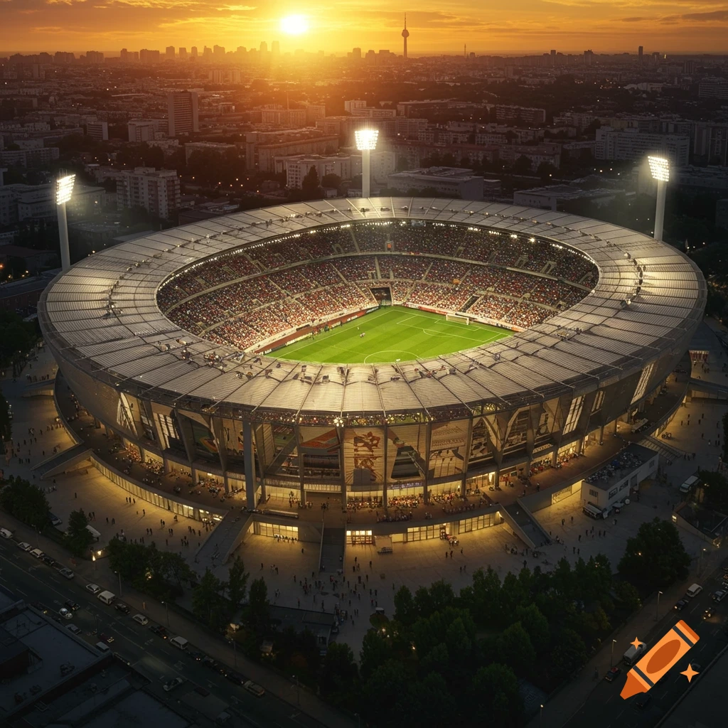 Aerial view of a packed soccer stadium at sunset, with city buildings in the background.