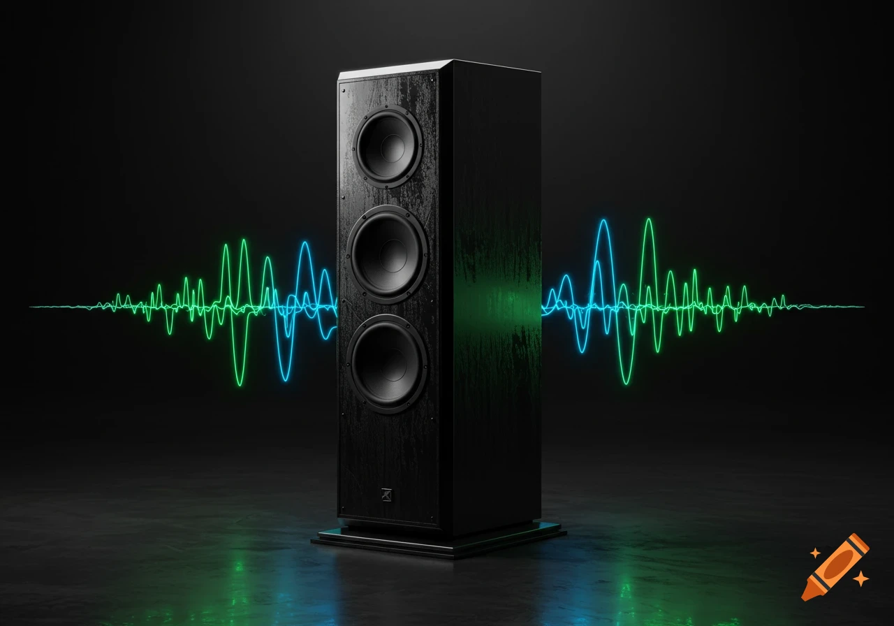 Photorealistic image of a large black speaker with glowing green and blue sound waves on a dark background.