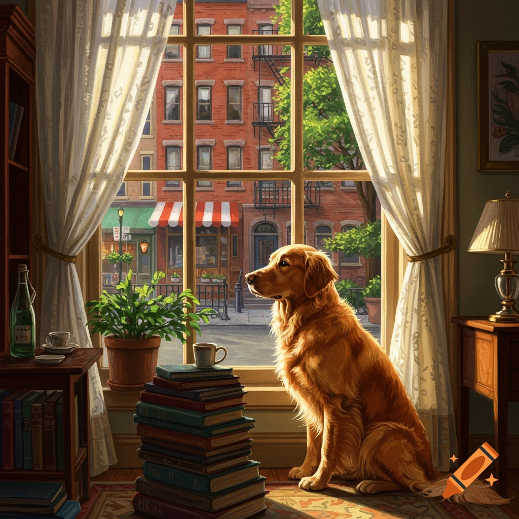 A golden retriever sits by a sunlit window, looking out at a city street with brick buildings. Books are stacked nearby.