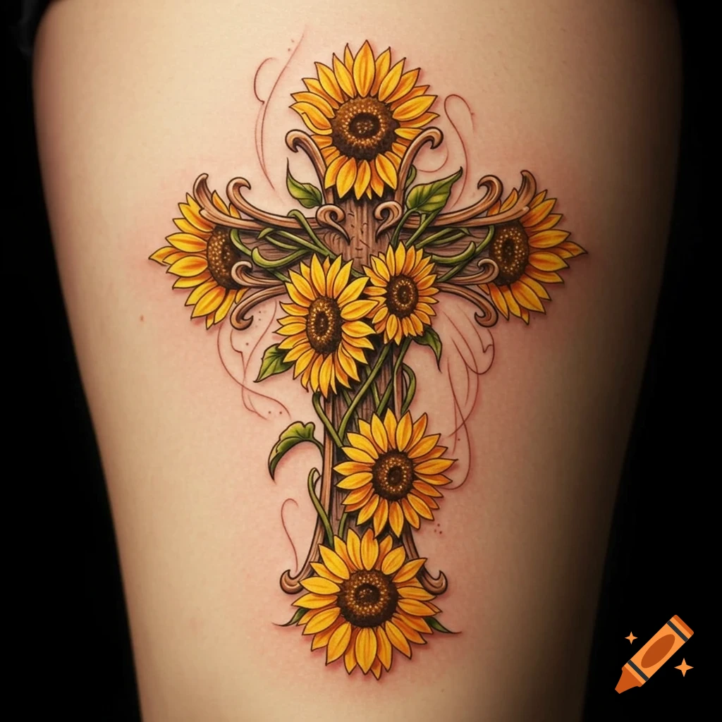 A vibrant tattoo of a wooden cross adorned with bright yellow sunflowers and green vines on skin.