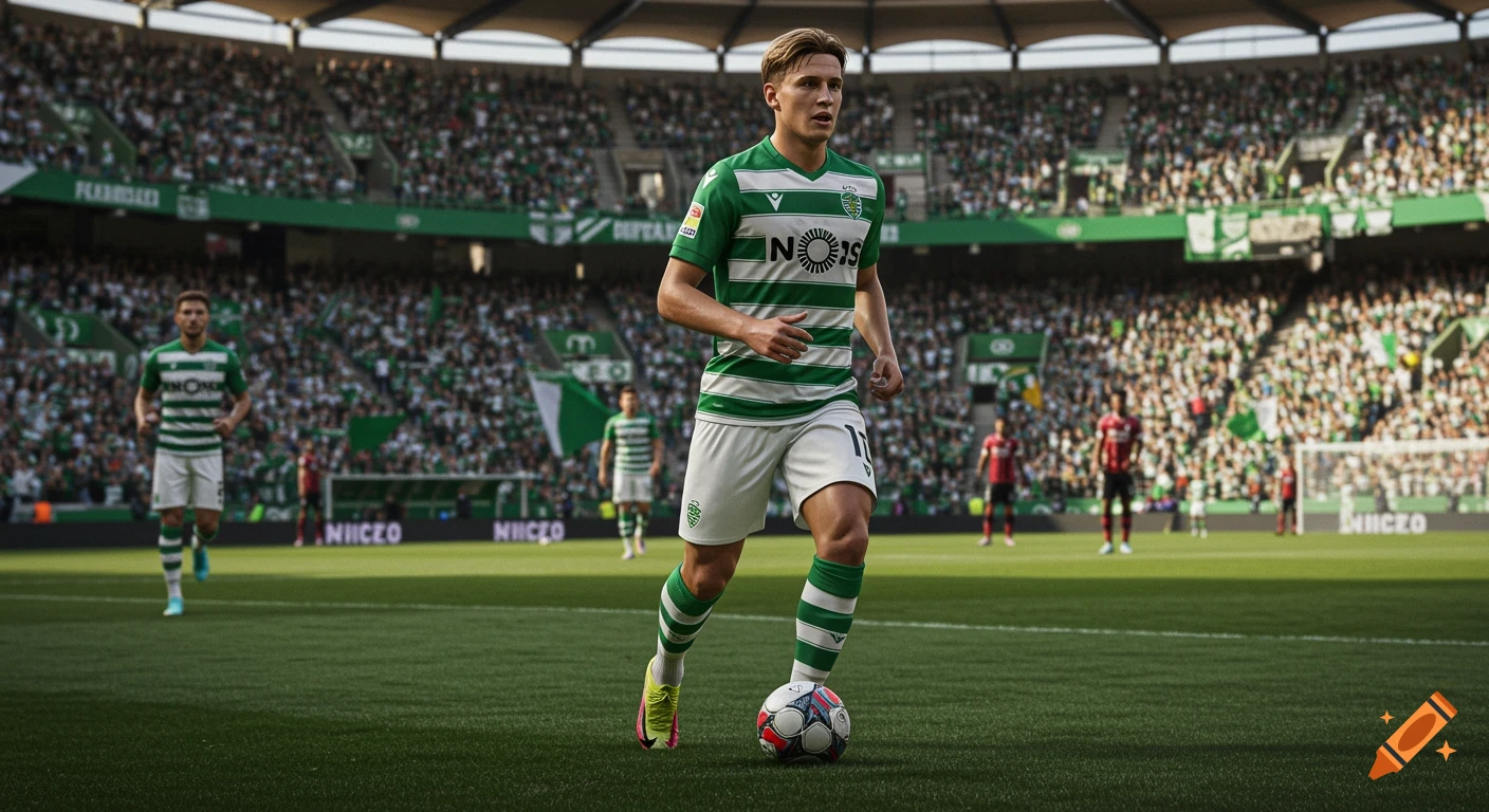 A photorealistic image of a male soccer player in a green and white striped uniform dribbling a ball on a green field in a large stadium during a game.