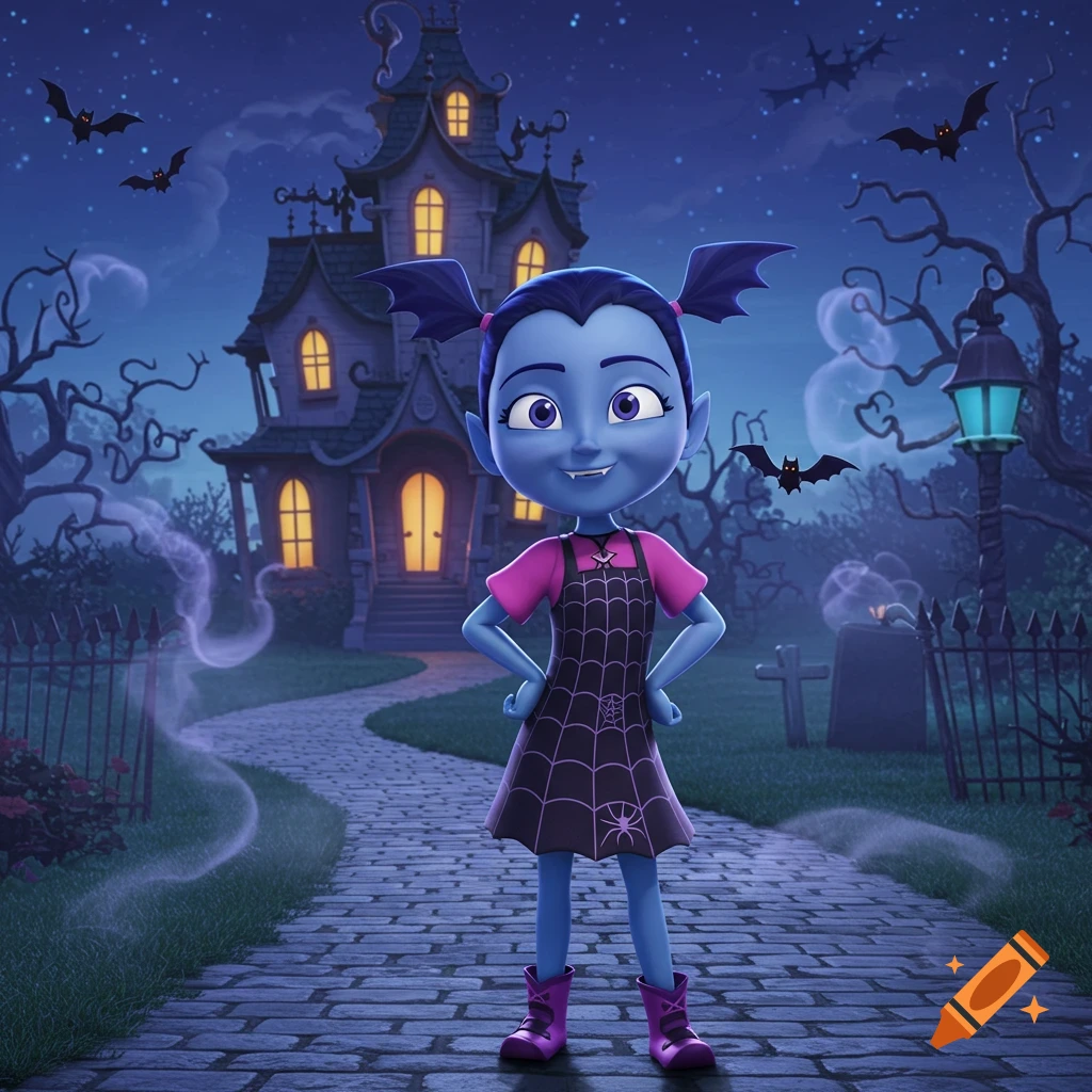 Vampirina, a cartoon character with blue skin and pigtails, stands smiling in front of a spooky gothic mansion at night with bats flying.