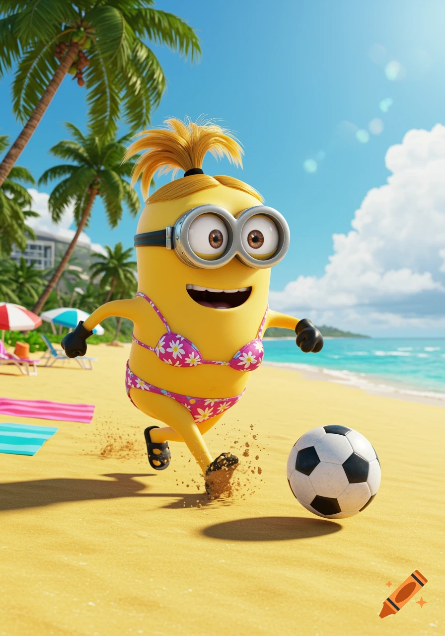A Minion wearing a pink bikini plays football on a sunny beach with palm trees and ocean.