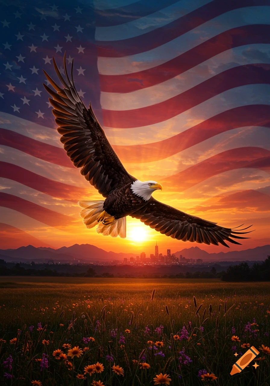 A bald eagle flies over a wildflower field and city skyline at sunset, with the American flag waving behind it.