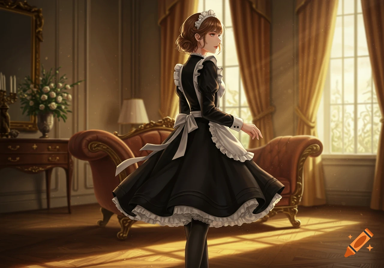 An anime-style young woman in a black and white maid dress stands in a lavish sunlit room with large windows.