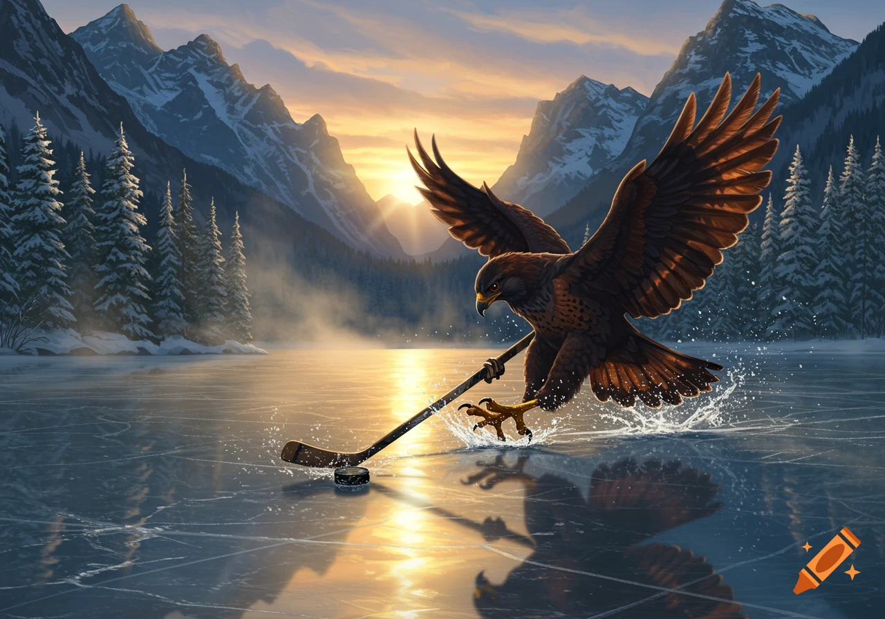 A majestic hawk, wings spread, playing ice hockey on a frozen lake at sunset amidst snow-capped mountains.