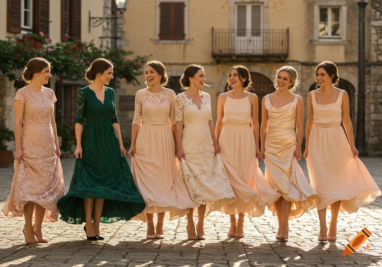 Six women in various dresses and heels walk together on a cobblestone street in front of old buildings.